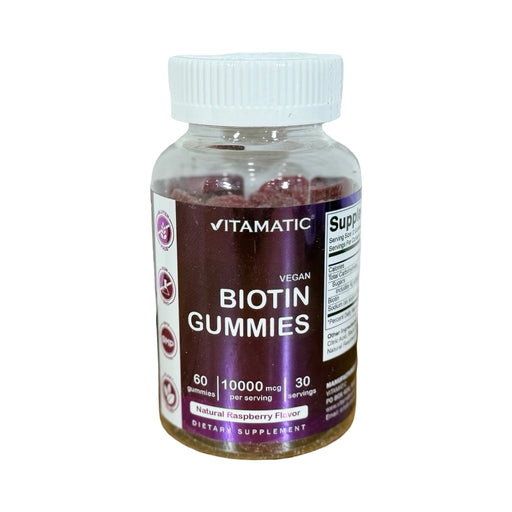 Frasco transparente de Gummies veganas de Biotina Vitamatic 10.000 mcg, rótulo roxo, sabor framboesa, 60 gomas