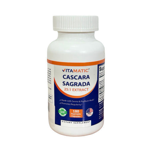 Frasco de Cáscara Sagrada 25:1 Vitamatic com sene e psyllium, 180 cápsulas vegetais, feito nos EUA