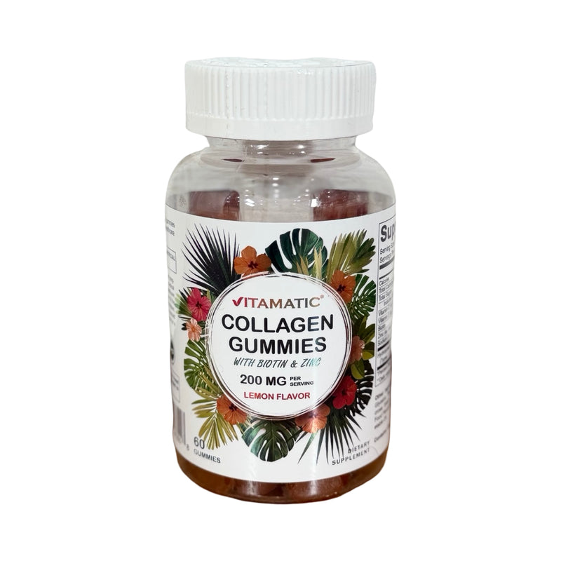 Frasco de Gummies de Colágeno com Biotina e Zinco Vitamatic 200 mg, rótulo com folhagens tropicais, sabor limão, 60 gomas