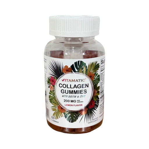Frasco de Gummies de Colágeno com Biotina e Zinco Vitamatic 200 mg, rótulo com folhagens tropicais, sabor limão, 60 gomas