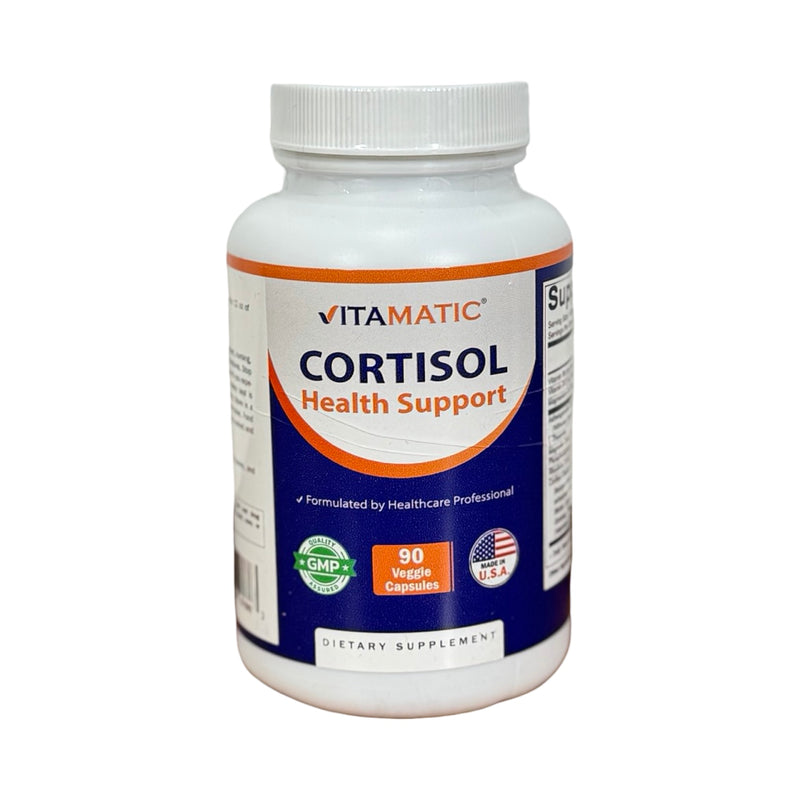 Frasco branco de Cortisol Health Support Vitamatic, rótulo azul e laranja, 90 cápsulas vegetais