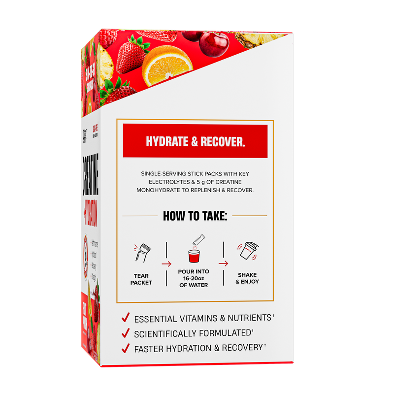 Modo de uso do Creatine + Hydration Nutrex: rasgue o sachê, misture em 16 a 20 oz de água e agite