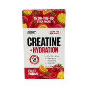 Caixa da Creatina + Hidratação Nutrex sabor Fruit Punch com 15 sachês: 5 g de creatina, 300 mg de sódio e 250 mg de potássio, sem açúcar