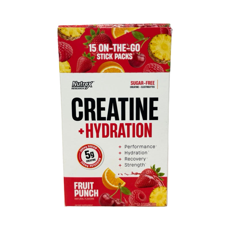 Caixa da Creatina + Hidratação Nutrex sabor Fruit Punch com 15 sachês: 5 g de creatina, 300 mg de sódio e 250 mg de potássio, sem açúcar