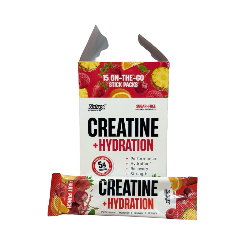 Caixa aberta da Creatina + Hidratação Nutrex sabor Fruit Punch com um sachê (stick pack) na frente