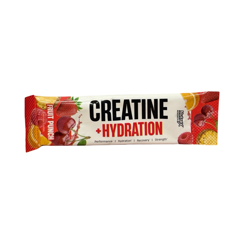 Sachê individual (stick pack) da Creatina + Hidratação Nutrex sabor Fruit Punch; a caixa vem com 15 sachês