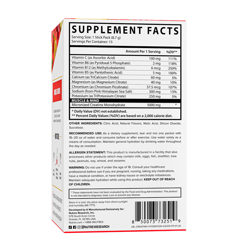 Tabela nutricional do Creatine + Hydration Nutrex: 5 g de creatina, 300 mg de sódio, 250 mg de potássio e vitaminas por sachê