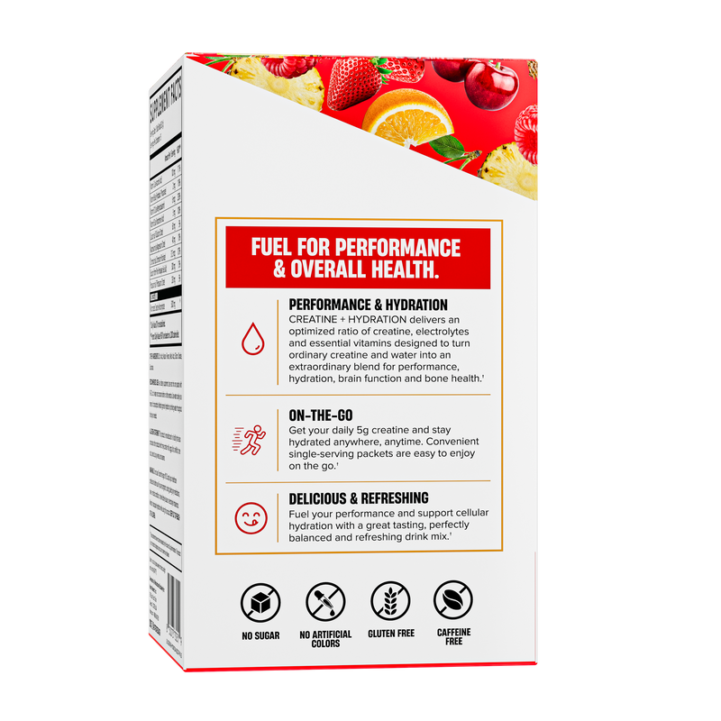 Lateral da caixa Creatine + Hydration Nutrex: sem açúcar, sem corantes artificiais, sem glúten e sem cafeína