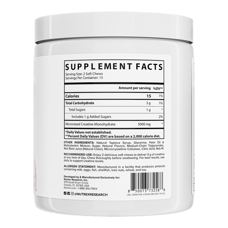 Tabela nutricional da Creatine Soft Chews Nutrex: 2 unidades com 5.000 mg de creatina e 15 calorias