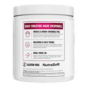 Lateral do pote Creatine Soft Chews Nutrex: sem glúten, tecnologia NutraSoft, sem água e sem mistura
