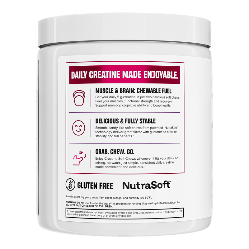 Lateral do pote Creatine Soft Chews Nutrex: sem glúten, tecnologia NutraSoft, sem água e sem mistura