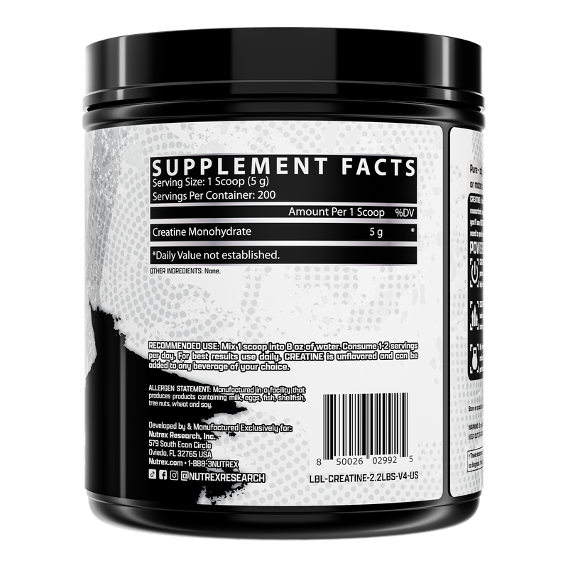 Rótulo da Creatina Monohidratada Nutrex 1 kg: 5 g de creatina por dose, 200 doses