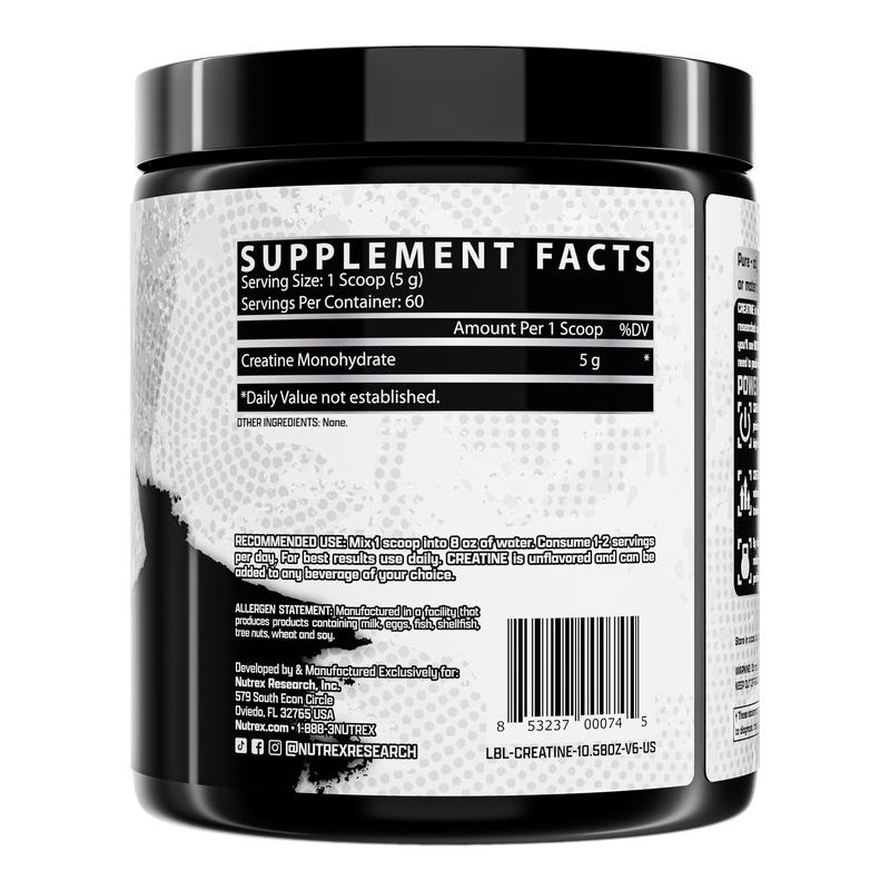 Rótulo da Creatina Monohidratada Nutrex 300 g: 5 g de creatina por dose, sem outros ingredientes
