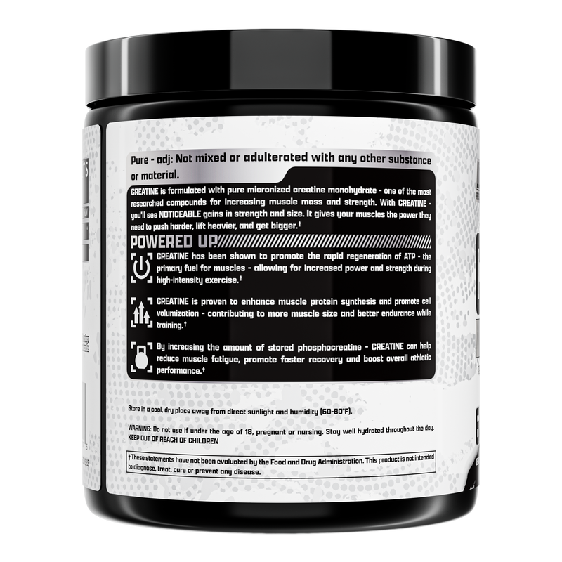 Lateral do pote de Creatina Monohidratada Nutrex com benefícios e advertências