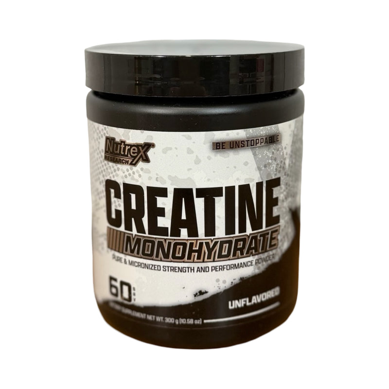 Pote preto de Creatina Monohidratada Nutrex pura e micronizada, sem sabor, 300 g (60 doses)