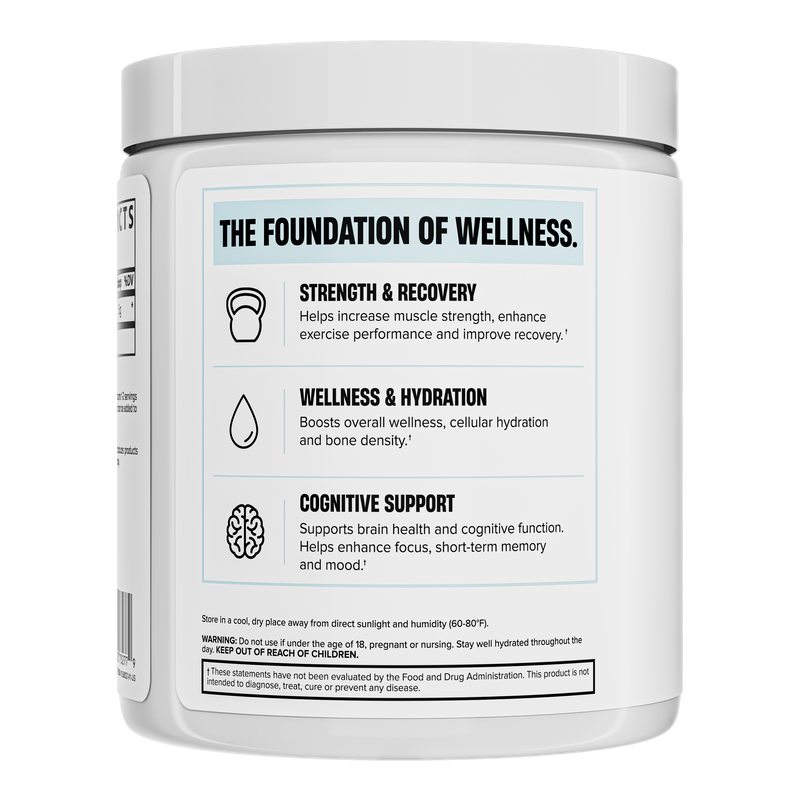 Lateral do pote Creatina Nutrex Essentials: força e recuperação, hidratação e suporte cognitivo
