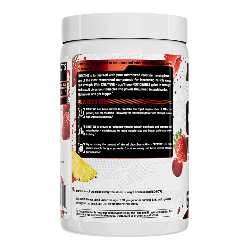 Lateral do pote de Creatina Nutrex Fruit Punch com benefícios e advertências