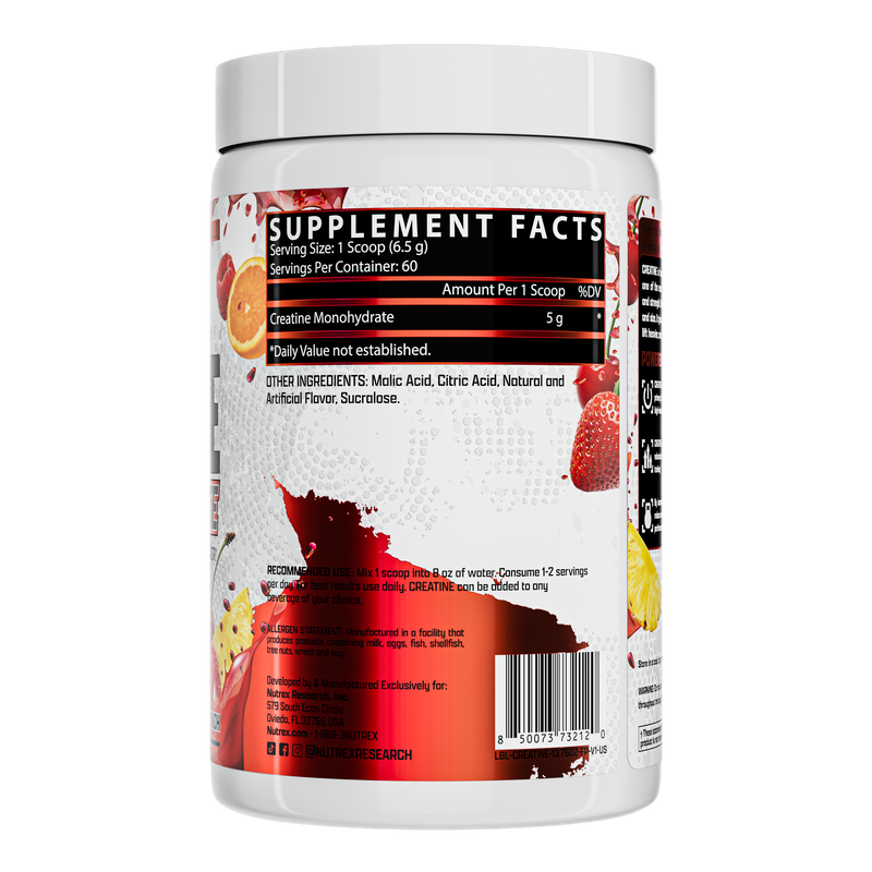 Rótulo da Creatina Nutrex Fruit Punch: 5 g de creatina por scoop de 6,5 g e lista de ingredientes