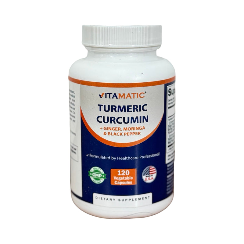 Frasco branco de Cúrcuma Curcumina com Gengibre, Moringa e Pimenta-Preta Vitamatic, 120 cápsulas vegetais
