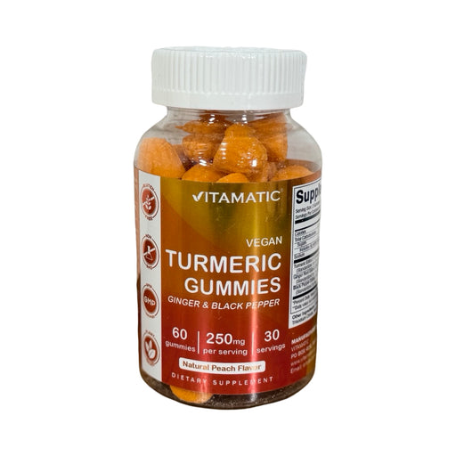 Frasco de Gummies veganas de Cúrcuma com Gengibre e Pimenta-Preta Vitamatic, rótulo laranja, sabor pêssego, 60 gomas