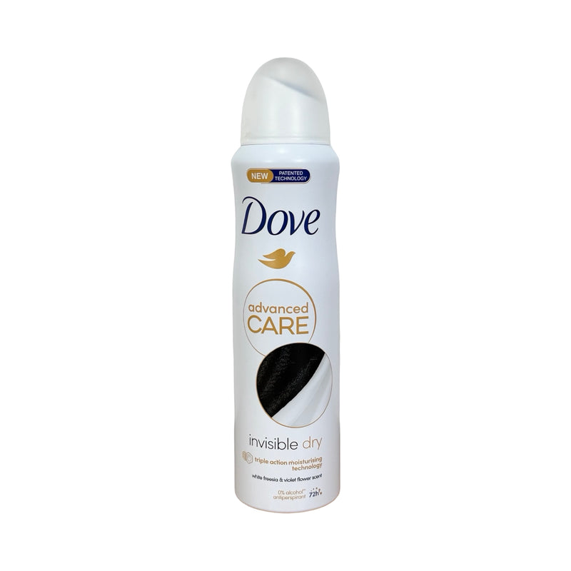Desodorante aerossol Dove Advanced Care Invisible Dry 72h, frasco branco, 150 ml