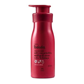 Frasco do creme para o corpo Natura Tododia Cereja e Avelã 400 ml, cor vermelho, com válvula pump