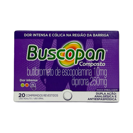 Buscopan Composto Alívio para Dores e Cólicas na Barriga (Escopolamina 10mg + Dipirona 250mg) – 20 Comprimidos