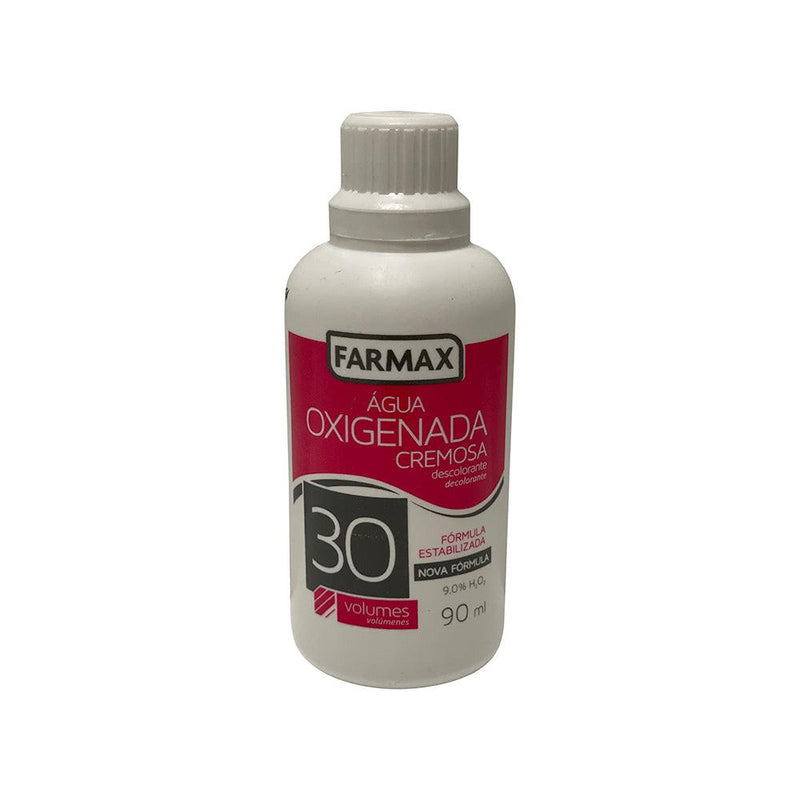 Frasco branco de Água Oxigenada Cremosa Farmax 30 volumes, 90ml