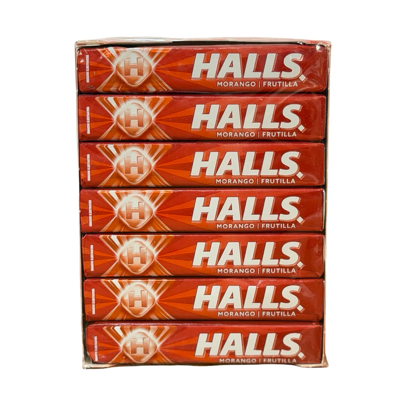 Caixa display de Bala Halls Morango com 21 sticks de 28g, vista de frente