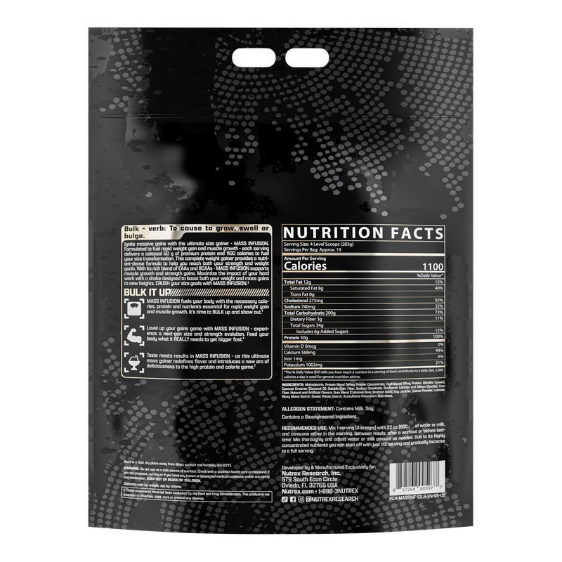 Verso do Mass Infusion Nutrex baunilha com tabela nutricional, ingredientes e modo de uso