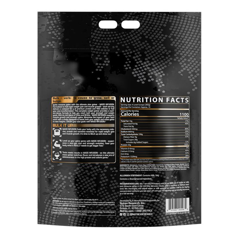 Verso do Mass Infusion Nutrex chocolate com tabela nutricional, ingredientes e modo de uso