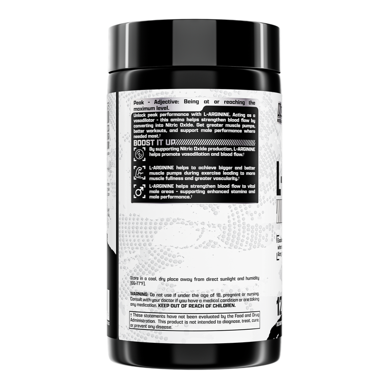 Lateral do frasco L-Arginine 1000 Nutrex com informações sobre óxido nítrico e advertências