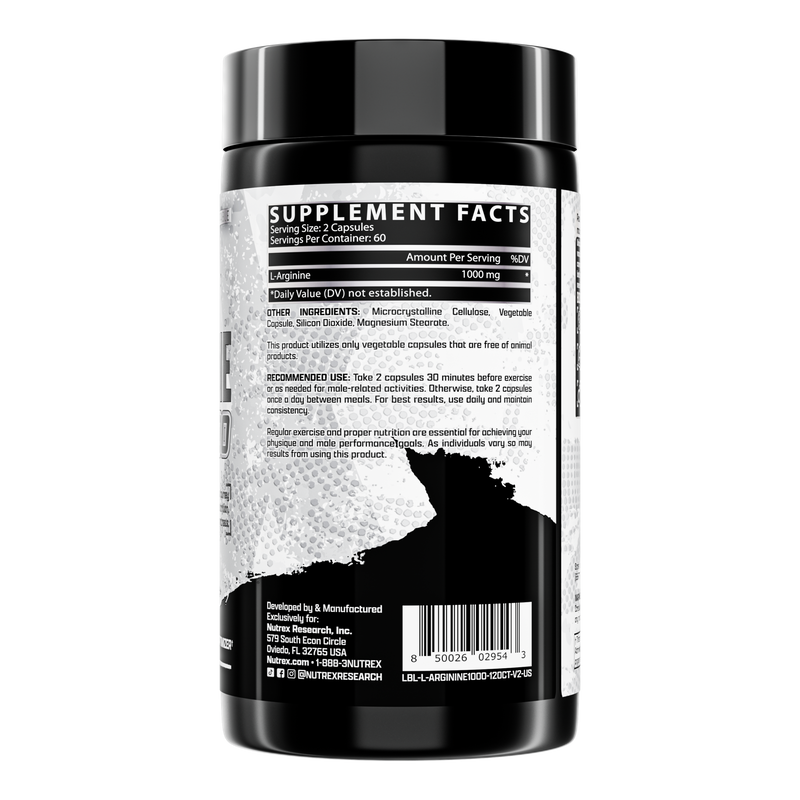Rótulo da L-Arginine 1000 Nutrex: 1.000 mg de L-arginina a cada 2 cápsulas vegetais