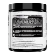 Lateral do pote Glutamine Pure Nutrex com informações sobre recuperação muscular e advertências