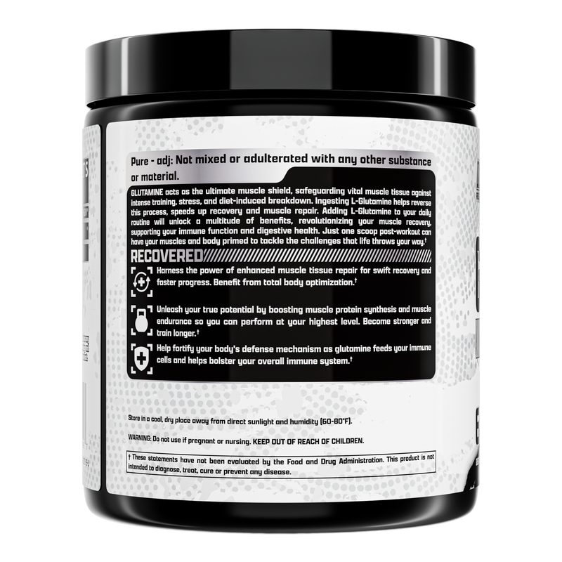 Lateral do pote Glutamine Pure Nutrex com informações sobre recuperação muscular e advertências