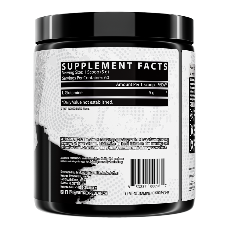 Rótulo da Glutamine Pure Nutrex: 5 g de L-glutamina por dose, sem outros ingredientes, e modo de uso