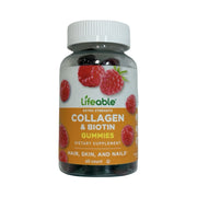 Frasco com 60 gomas Lifeable Colágeno & Biotina Extra Strength sabor framboesa, rótulo laranja com framboesas