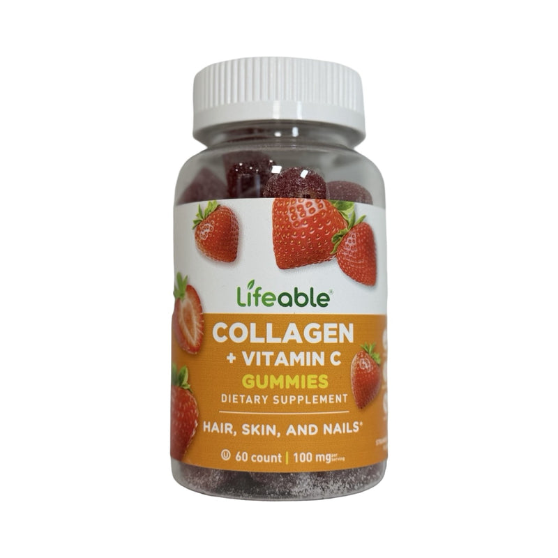 Frasco com 60 gomas Lifeable Colágeno + Vitamina C sabor morango, rótulo laranja com morangos