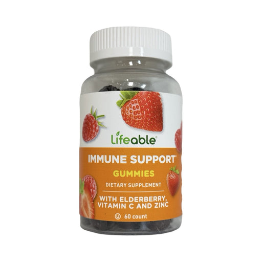 Frasco com 60 gomas Lifeable Immune Support com sabugueiro, vitamina C e zinco, rótulo laranja com frutas vermelhas