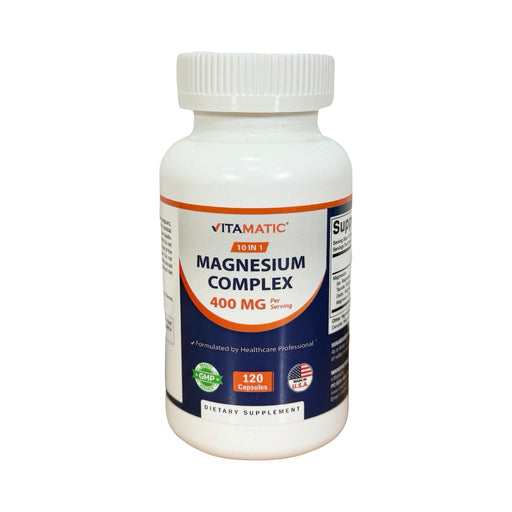 Frasco branco de Complexo de Magnésio 10 em 1 Vitamatic 400 mg, rótulo azul e laranja, 120 cápsulas