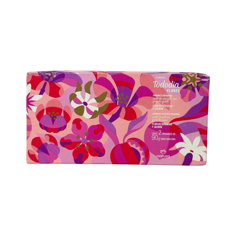 Caixa com 2 sabonetes Natura Tododia Flores Flor de Pêssego e Jasmim, estampa floral rosa e roxa