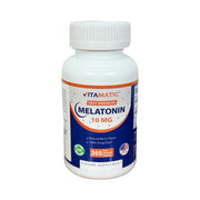 Frasco branco de Melatonina 10 mg Vitamatic de dissolução rápida, rótulo azul e laranja, 365 comprimidos sabor frutas vermelhas