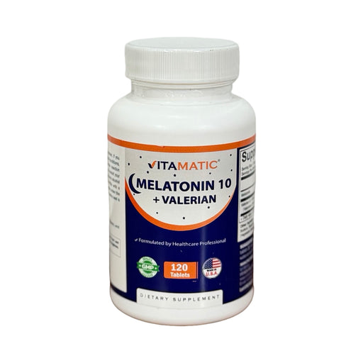 Frasco branco de Melatonina 10 mg com Valeriana Vitamatic, rótulo azul e laranja, 120 comprimidos