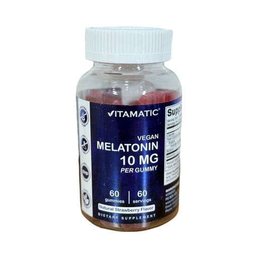 Frasco transparente de Melatonina vegana 10 mg Vitamatic com gomas sabor morango, rótulo azul, 60 gummies