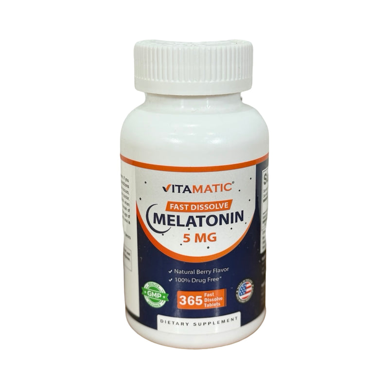 Frasco branco de Melatonina 5 mg Vitamatic de dissolução rápida, rótulo azul e laranja, 365 comprimidos sabor frutas vermelhas