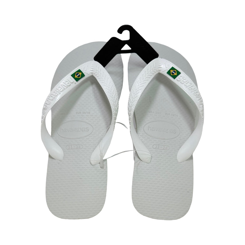 Chinelo Havaianas Brasil branco com bandeira do Brasil na tira, par visto de cima