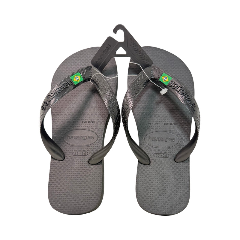 Chinelo Havaianas Brasil cinza grafite com bandeira do Brasil na tira, par visto de cima