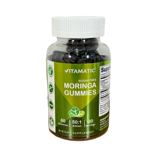 Frasco de Gummies de Moringa Vitamatic sem açúcar, rótulo verde, extrato 50:1, 60 gomas