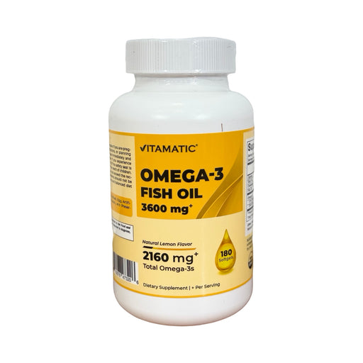 Frasco branco de Ômega-3 Óleo de Peixe Vitamatic 3600 mg, rótulo amarelo, sabor limão, 180 cápsulas softgel