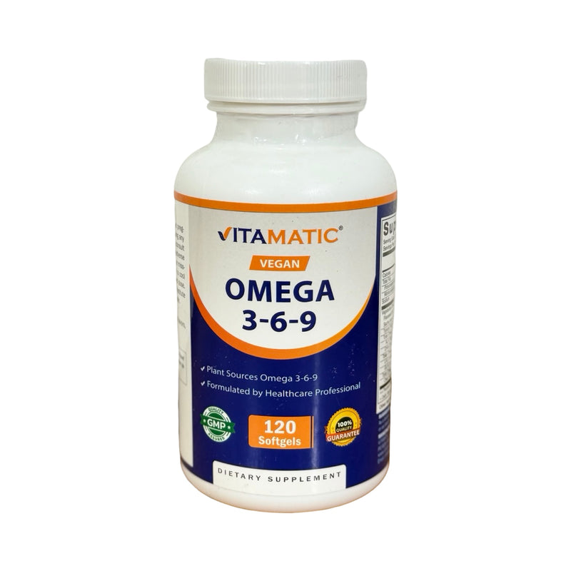 Frasco de Ômega 3-6-9 Vegano Vitamatic com 120 cápsulas softgel e selo GMP